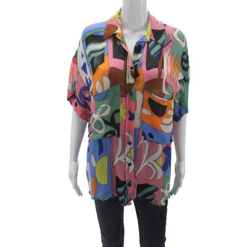 Zara Womens Multicolor Geometric Collared Short Sleeve Tunic Button-Up Size XS